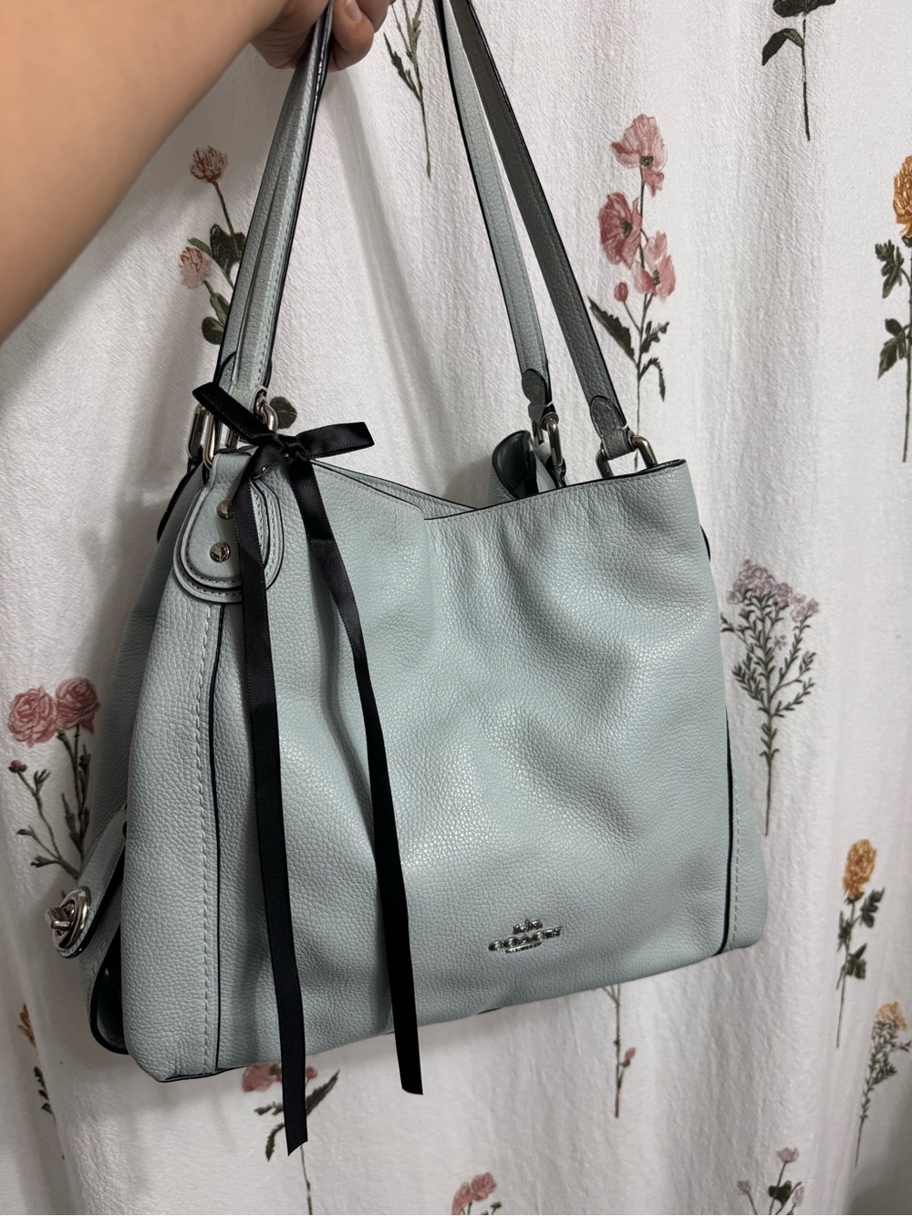 Coach Pebble Leather Shoulder Tote in Pale Blue with Black Ribbon